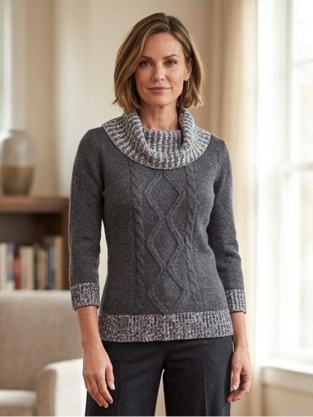 Style & Co. Petite Charcoal Gray Cable Knit Cowl Neck Sweater Size P/P NWT